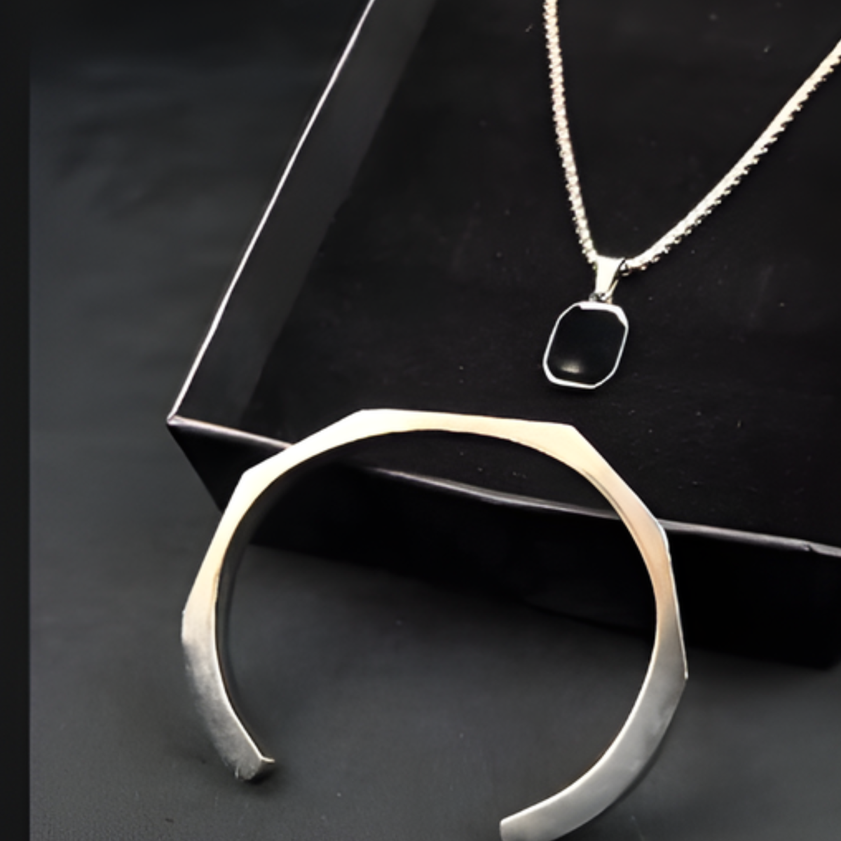 Men’s Combo Jewelry Set – Stainless Steel Necklace + Half Cuff Bracelet